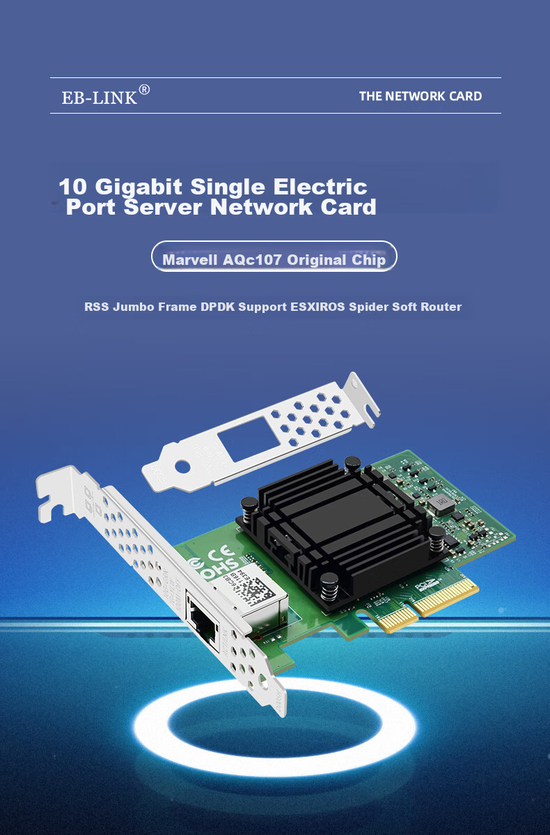 EB-LINK PCI-EX4 10 Gigabit Single-Port Server Network Card with AQC107 Chip, 10G Electrical Port Gaming Network Adapter, Supports 10G/5G/2.5G/1G Speeds, WOL Wake-O 1