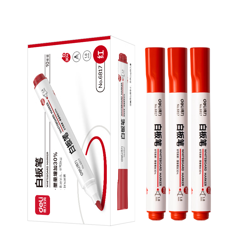 Deli Erasable Whiteboard Markers with Thick Tips, Smooth Writing, Durable, Office Stationery for Meetings And Teacher Training, Red, 10 Pcs/box, P06817