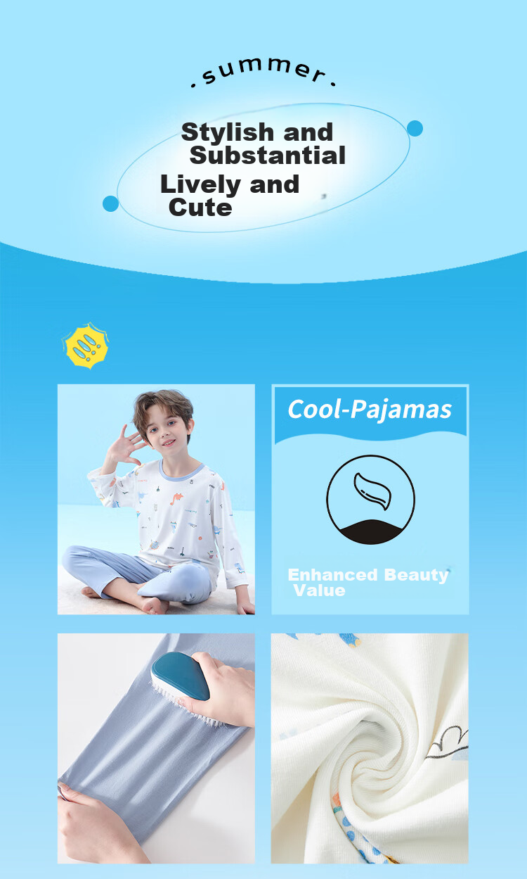 LangSha Children's Summer Pajamas, Thin Three-Quarter Sleeve Sleepwear, Air Conditioning Clothes for Boys And Girls, Home Wear Set for Older Childre 6