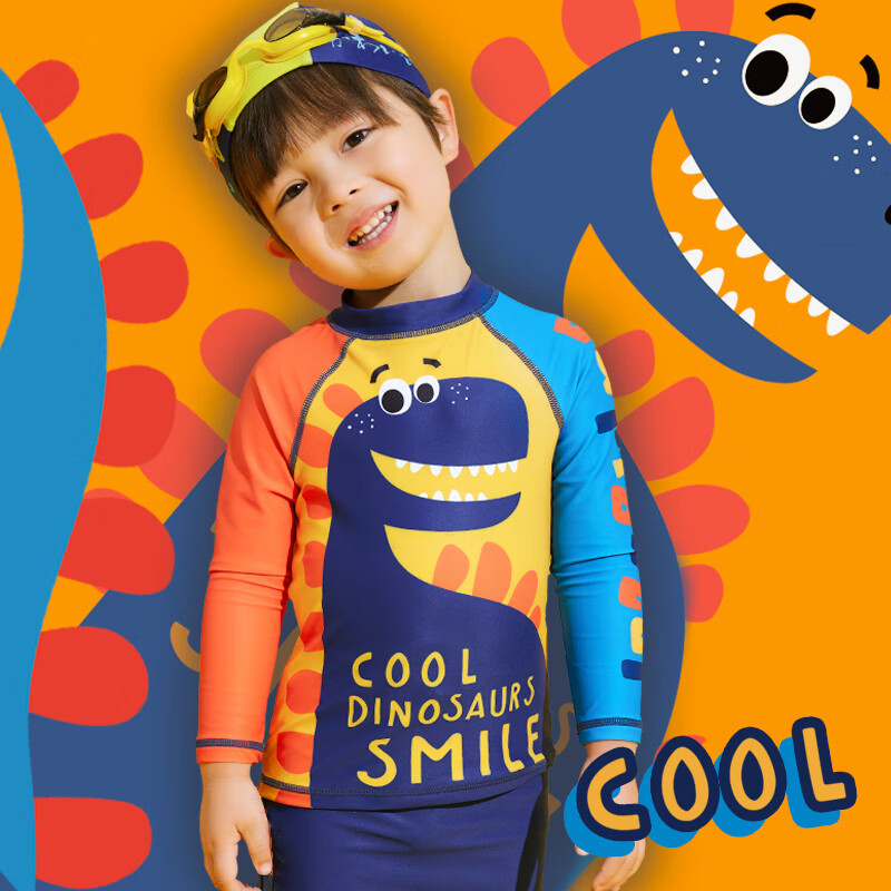 Sulang Sunscreen Boys' Swimming Vacation Children's Swimwear Dinosaur Walk Long Sleeve Top 150+ Navy Blue Cartoon Pants 150