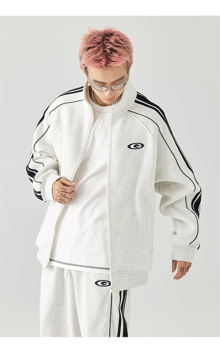 GOLFCROSS Trendy Couple's Style, Preppy Striped Contrasting Color Stand-Up Collar Loose Cardigan Sweatshirt Jacket, White, XL 17