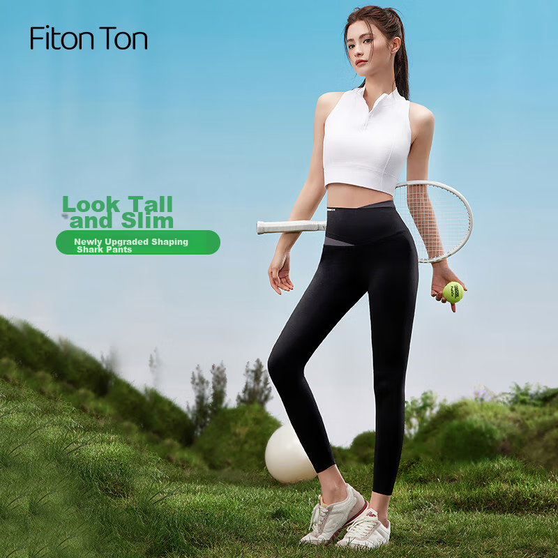 FitonTon Shark Leggings for Women, Autumn And Winter Wear, Base Layer Pants, Slightly Compression Sports Yoga Pants FTD0023, Black, Size S