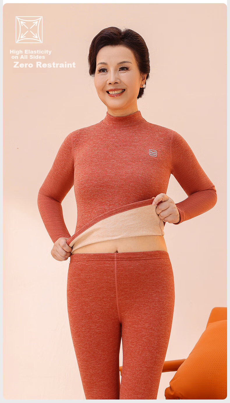 MiiOW [Goose down And Tencel] Thermal Underwear Set for Men And Women, Autumn And Winter Thickened Middle-Aged And Elderly Semi-Turtleneck Autumn Top And Pants 16