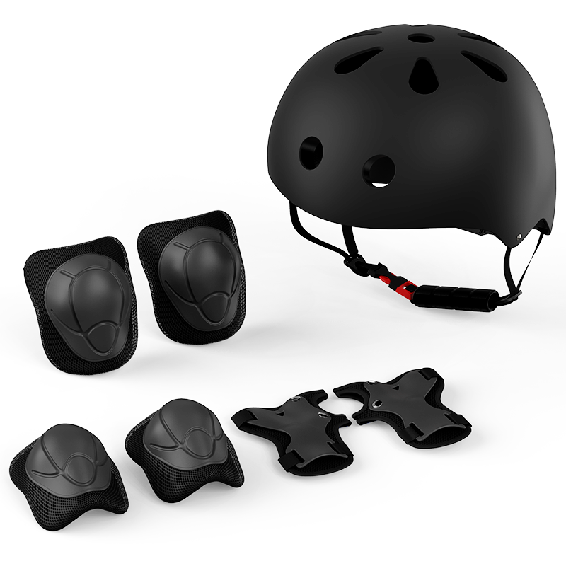 JD Original Children's Helmet Protective Gear Set, Roller Skating Ice Skating Skateboarding Balance Bike Bicycle Protective Gear 7-Piece Set, Black