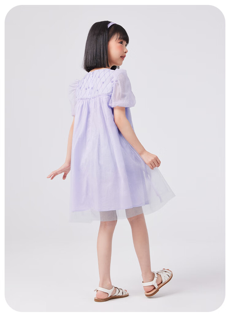 QQ DUCK Girls' Dress, Children's Summer Puff Sleeve Princess Tulle Skirt, Sweet Performance Gown for Teenagers, Purple 11