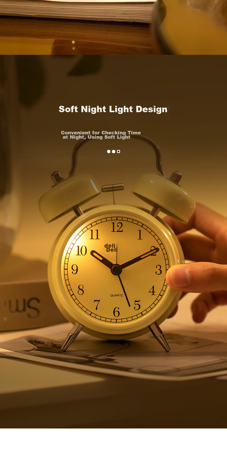 Deli Metal Vintage Pin Alarm Clock, Low Noise Timekeeping Luminous Alarm Clock, Random Color, 9025 Back-To Season New Year Gift 5
