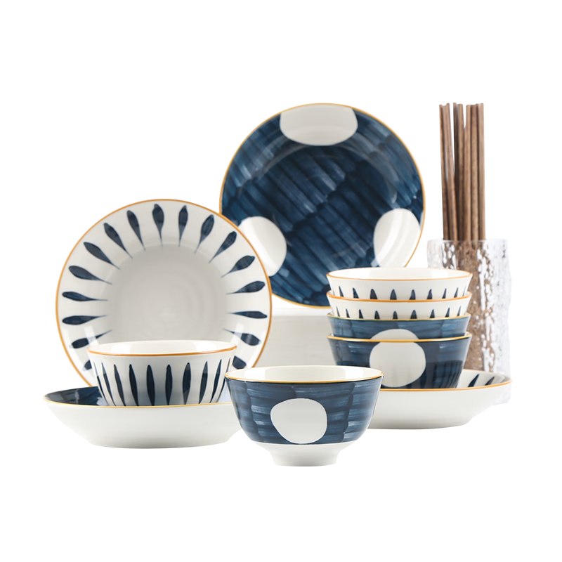 JD Original Complete Set of Bowls, Plates, Chopsticks And Dishes for Housewarming Gift Ceramic Tableware Set Qinghe 22 Pieces