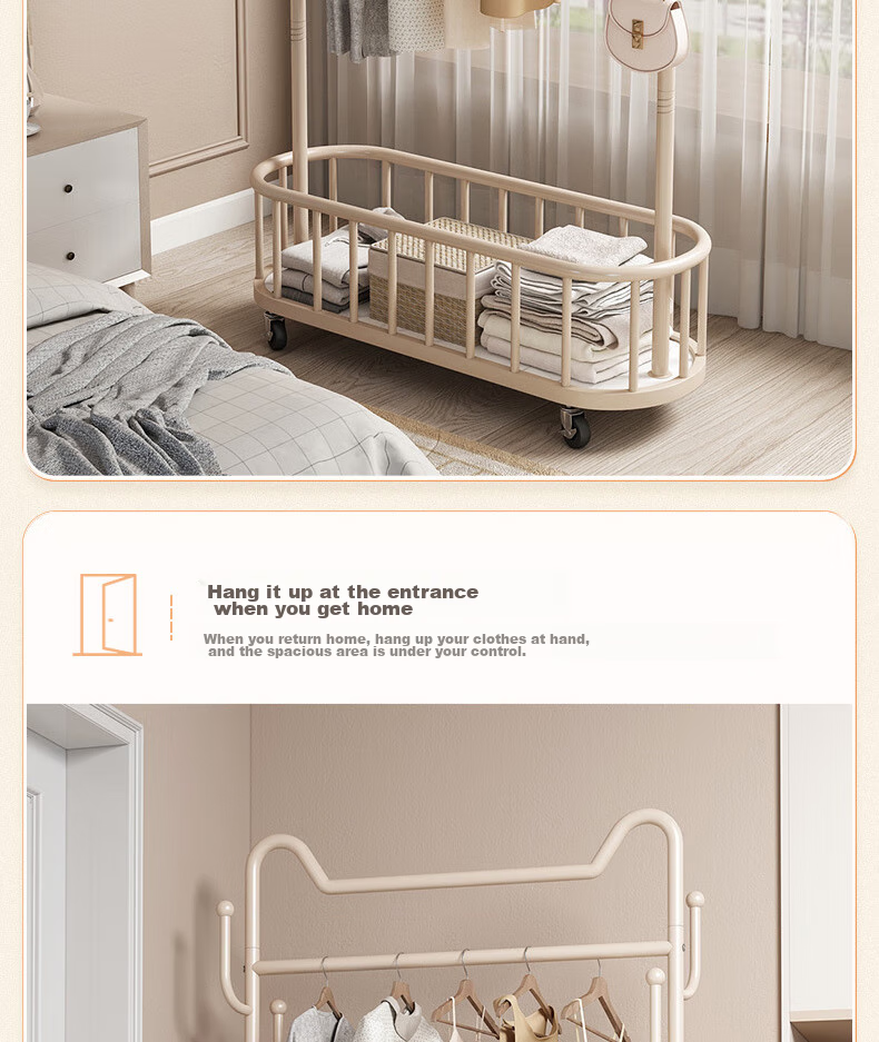 Yijia Coat Rack, Floor-Standing Clothes Rack, Multifunctional Movable Coat Hanger with Wheels for Home Use, Cream White 100cm 10