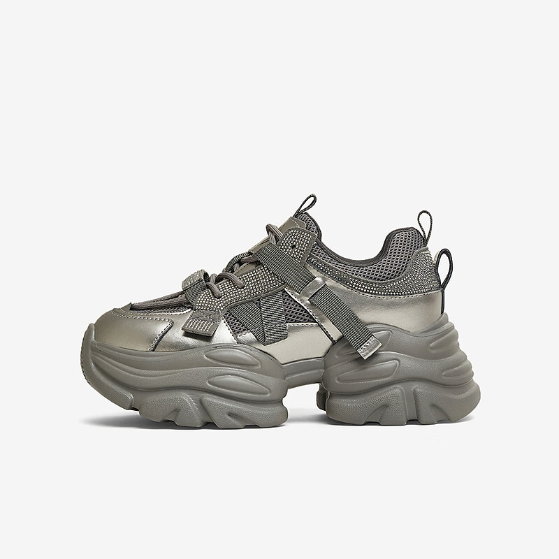 TATA Starry Women's Shoes, Thick-Soled Dad Shoes, Height-Increasing Sneakers, Lightweight Casual Shoes CY201 Gun/gray (Single Lining) 36