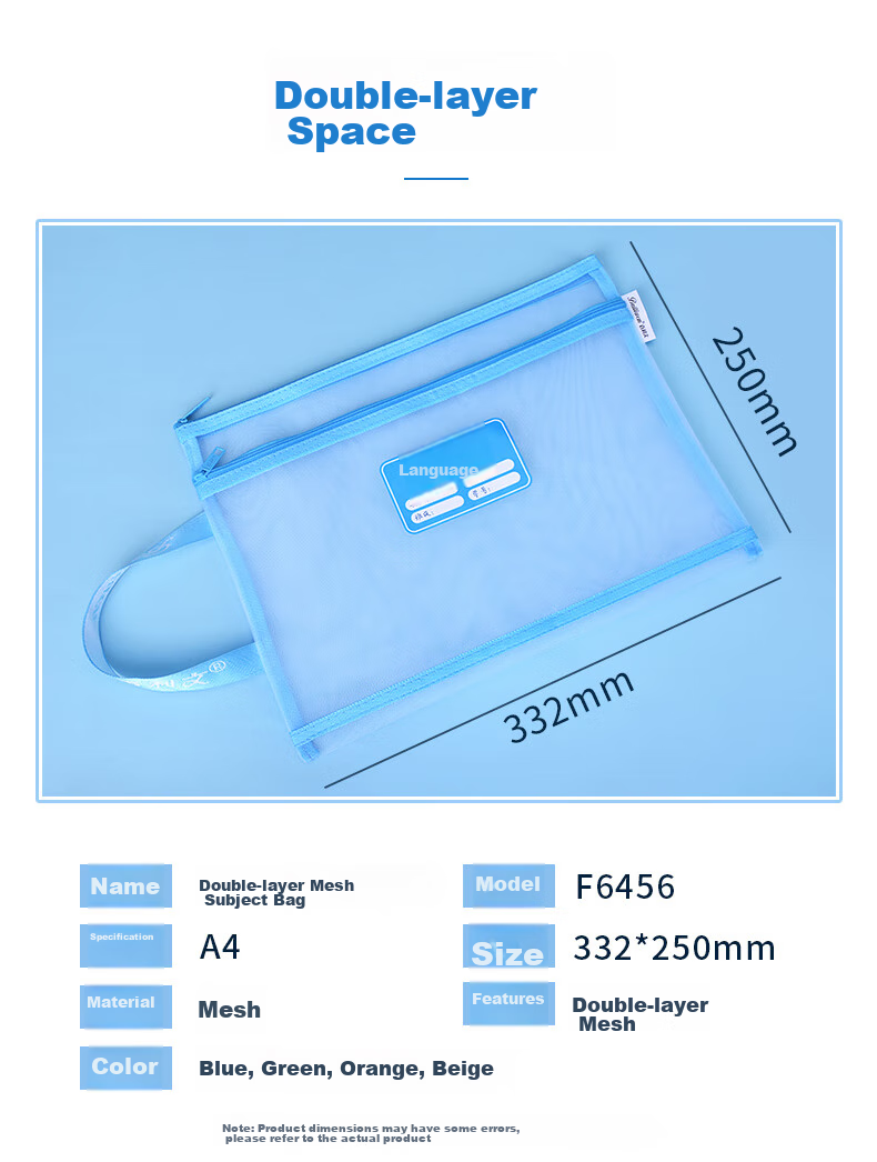 Bailiwen F6456 Double-Layer Mesh Subject Pouches, Set of 4, Subject Classification Storage Bags, A4 Size, Elementary School Students' Mesh Zipper Bags, Subject Pouches, Handheld Document Bags, Study Supplies Bookbags, Stationery Bags 2