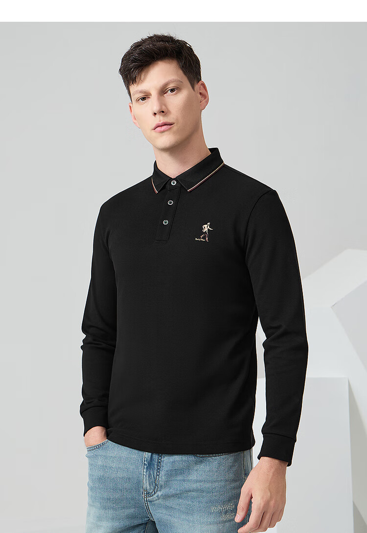 DANCING WOLVES Fleece-Lined Autumn Winter Basic Commuter Skin-Friendly Warm Men's Long Sleeve Polo Shirt 001 Black 175 12