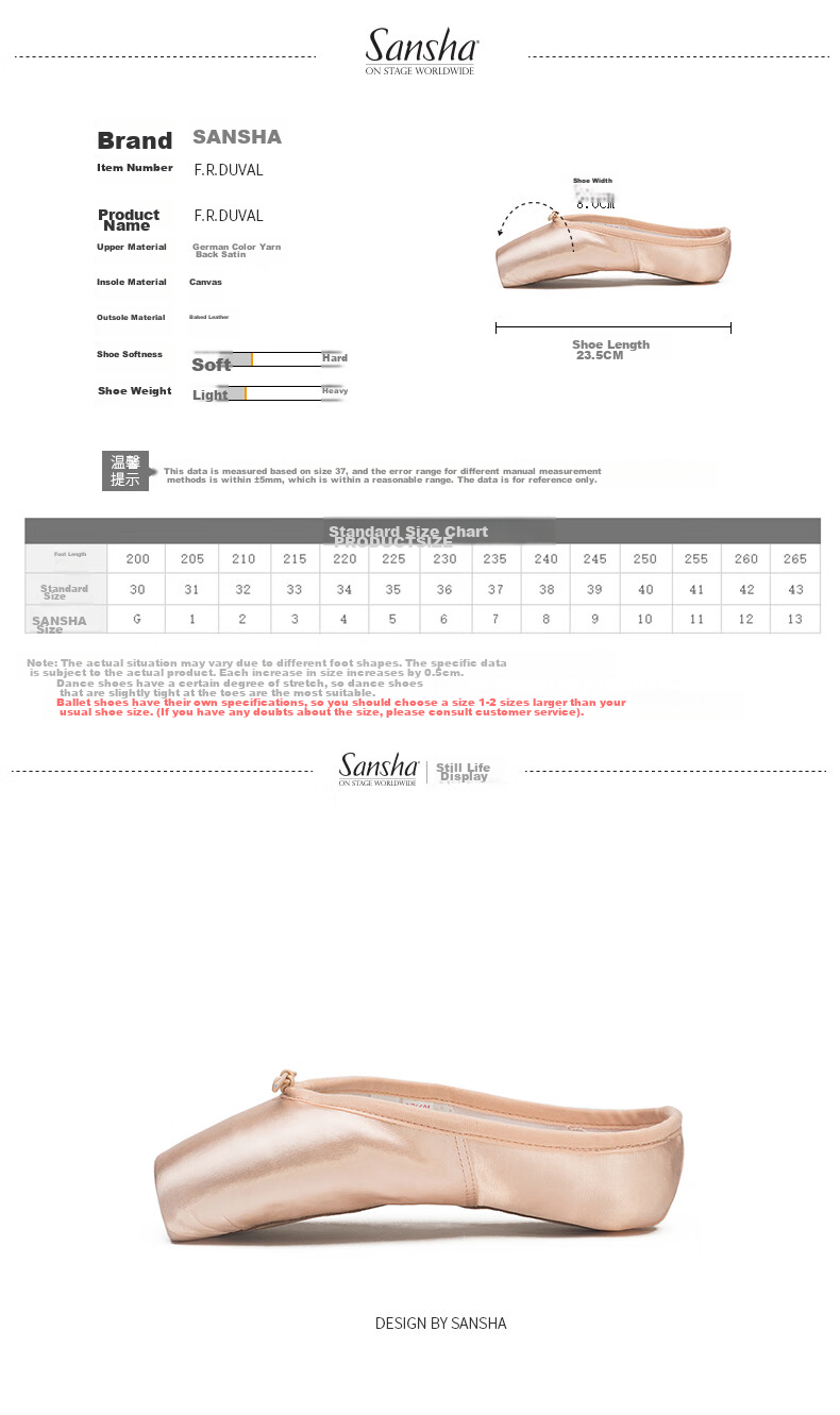 Sansha Ballet Pointe Shoes, Satin Upper, Leather Sole, Dance Shoes, Hard Shoes, Practice Shoes, FRD1.0REG, Satin, Size 37 7