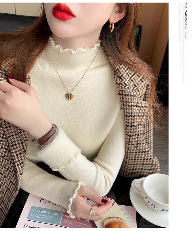 XUEXIMAN Women's Base Layer Sweater, Autumn And Winter Ruffle Trim Knit Top, Versatile High-Elasticity Slimming Pullover for Outer Wear 13