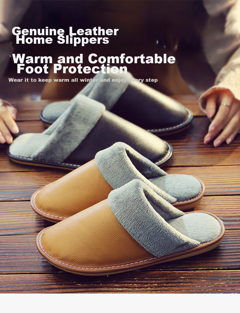 GUOLUOFEI Autumn And Winter Cowhide Slippers for Men And Women, Indoor Non-Slip Warm Genuine Leather Cotton Slippers, Wine Red, Size 40-41 1