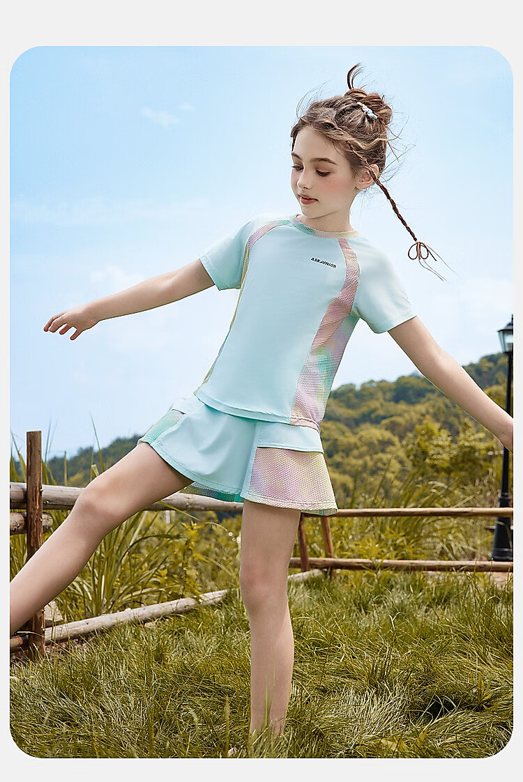 ASK JUNIOR Girls' Sports Set, Summer New Style, Lightweight Breathable Quick-Dry Short-Sleeve Top + Skirt, Ice-Cool Two-Piece Tennis Outfit 22