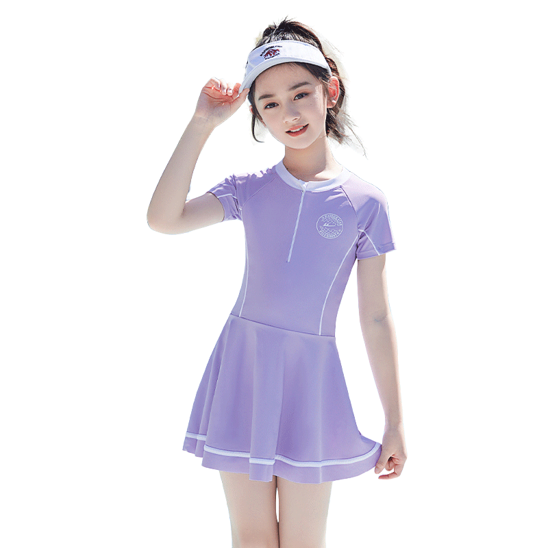 Huili Children's Swimsuit, Cute One-Piece Swimwear for Girls, Princess Swimsuit for Small to Big Kids, Summer 34019, Purple, 2XL