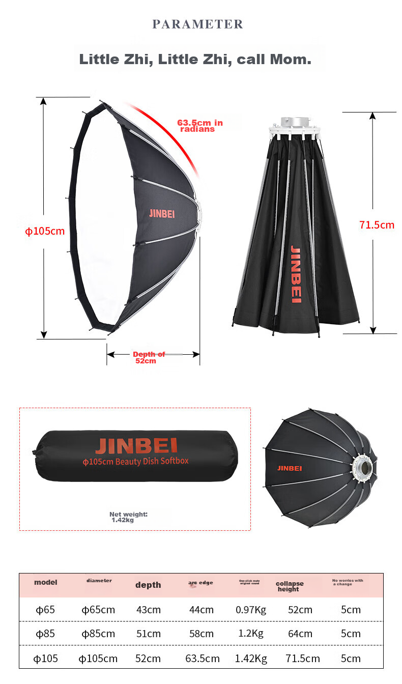 JINBEI Φ65/85/105CM Deep Diffusion Softbox, Softbox Accessory, Photography Light, LED Continuous Light, Flashlight, Studio Equipment, Φ65CM Deep Diffusion Softbox 5