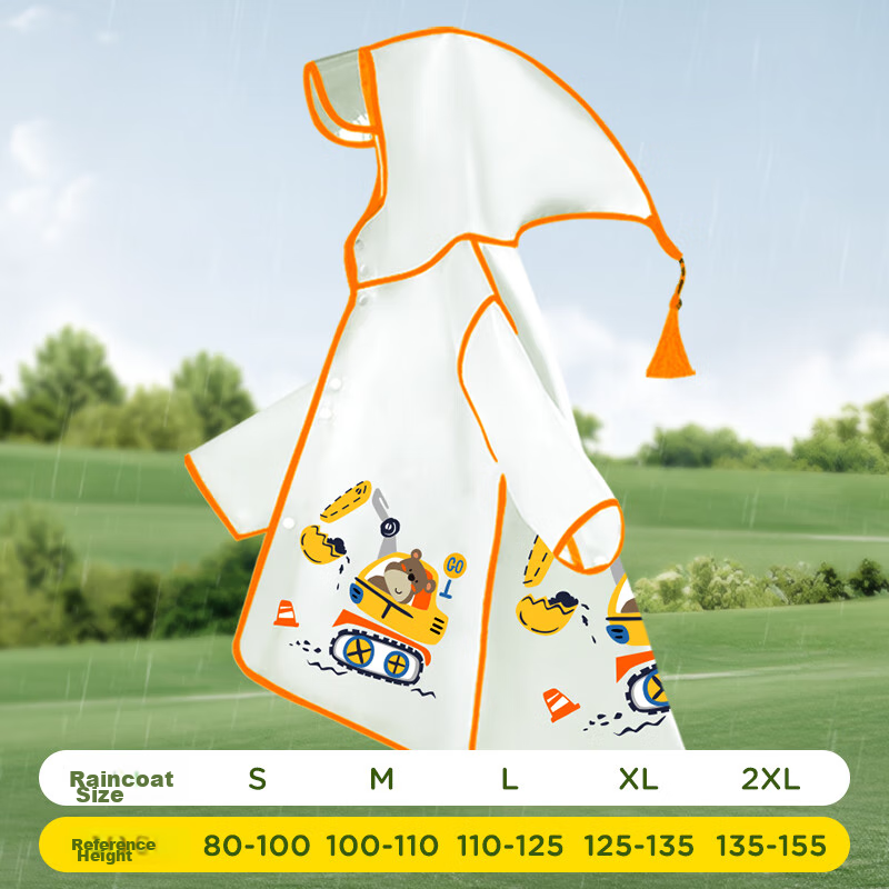 Moremerry Children's Raincoat for Boys And Girls, Waterproof Full-Body Poncho, Kindergarten And Elementary School Student Rain Gear, Orange Excavator Design, XL Size