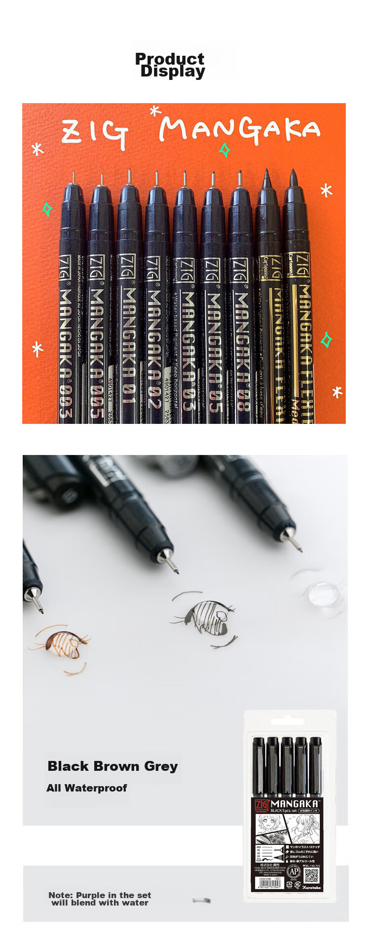 KURETAKE Line Pen, Comic Needle Tip Pen, Hand-Drawn Sketching Design Outlining Waterproof Comic-Specific Brush, Art-Specific Watercolor Anime Drawing Pen, Black CNM-08 7