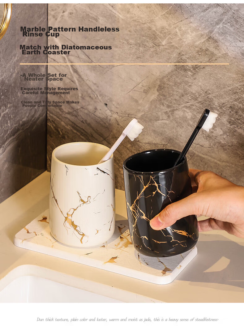 Fanyejia 3-Piece Marble Gold Pattern Bathroom Cup Set for Guesthouse And Home Use, Ceramic Mouthwash Cups for Couples, High-End Set 4