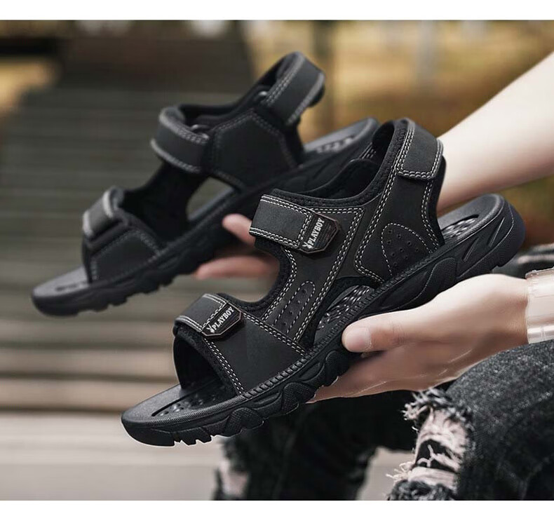 PLAYBOY Men's Sandals, Summer 2025 Breathable Beach Shoes, Korean-Style Perforated Shoes with Velcro Slippers, Black, Size 40 12