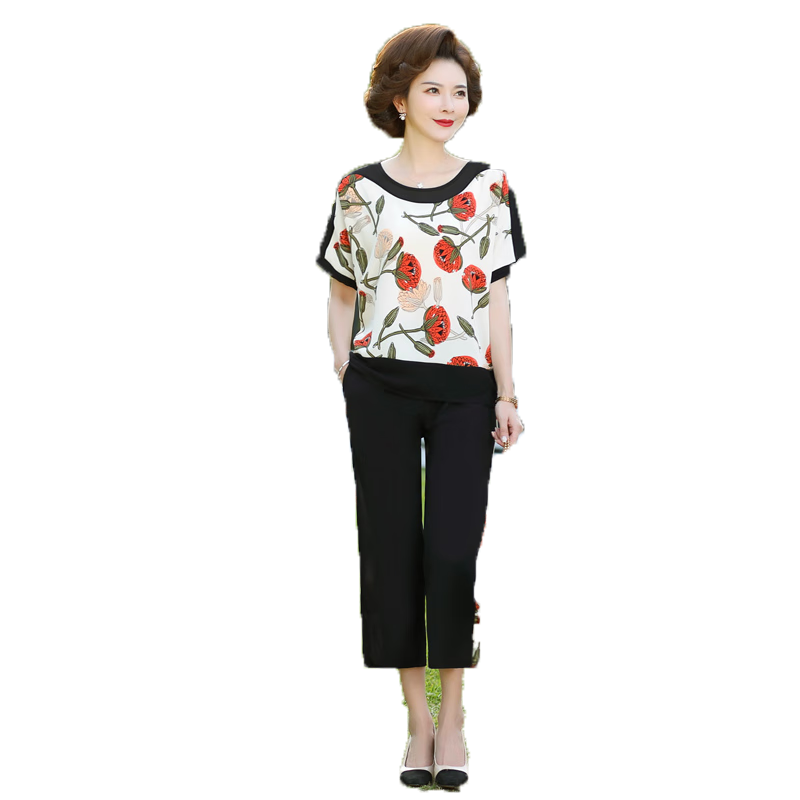 QIUFULUO Mom's Summer Loose Stylish Outfit Set, Middle-Aged And Elderly Women's High-End Clothing for Ages 50-80, Breathable Casual Wear