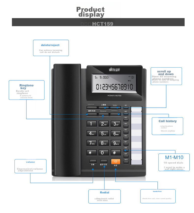 BBK Landline Telephone, Fixed-Line Phone for Office And Home Use, Dual Interface, 10 Sets with One-Key Dialing, HCD159 Ruibai 12