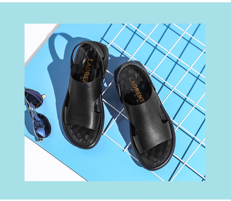 LAORENTOU Men's Sandals, Summer Top-Grain Leather Breathable Beach Versatile Casual Shoes Slippers Men's Footwear, 10965 Black 41 12