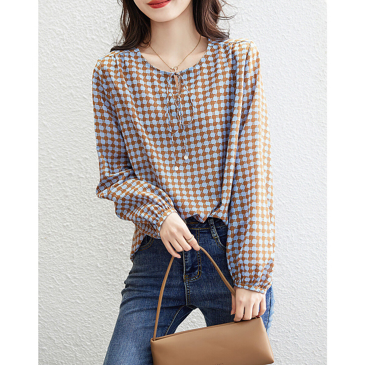 Dme [Cotton-Like Feel Blouse] Spring And Autumn Tie-Up Long-Sleeve Polka Dot Print Shirt Women's Top