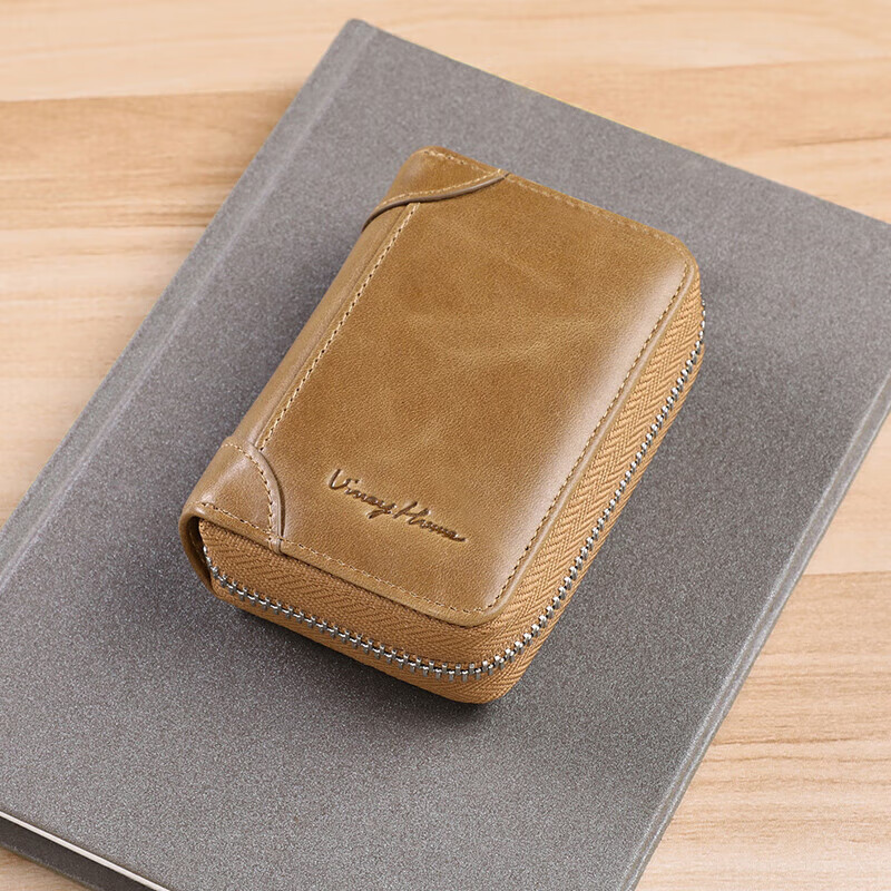Viney Card Holder, Short Genuine Leather Wallet for Men, Large Capacity, Anti-Magnetic Zipper, Bank Card Holder with Multiple Slots, Coin Purse, Gift for Wome