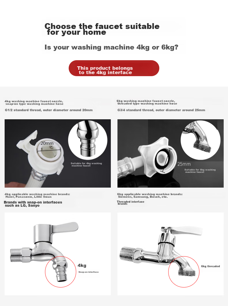 HSPA Washing Machine Faucet, One Inlet Two Outlets, Copper Material Double-Head Faucet, Single Cold Quick-Open 4-Point Spout, Universal 5112 15