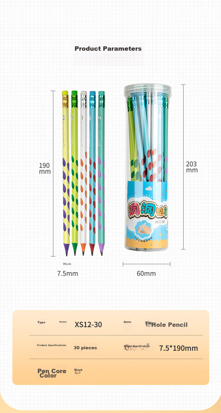 COMIX Perforated Pencils with Colorful Handles, 30 Pieces HB, Elementary School Students' Writing Practice Pencils, Children's Posture Correction, Triangular Wooden Handle Easy-Grip Pencils, Erasable with Eraser, XS12 10