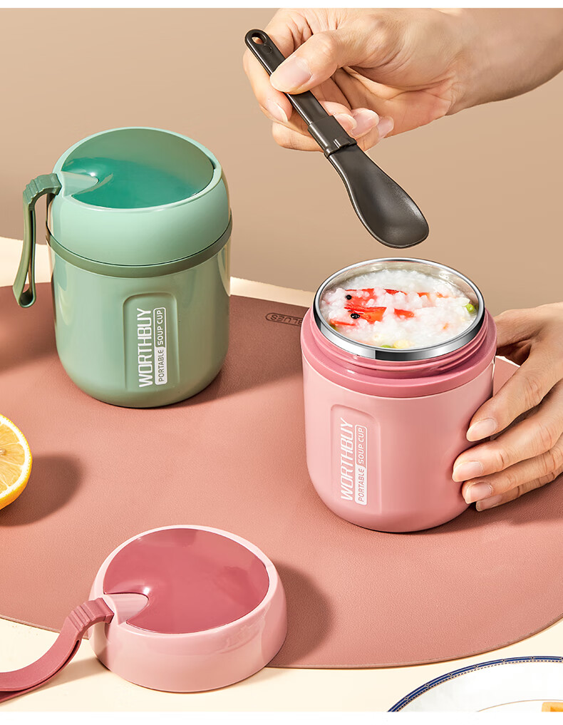 WORTHBUY Breakfast Milk Cup with Lid And Spoon, Portable Stainless Steel Soup Cup Insulated Water Bottle, Beige, 480ML 3