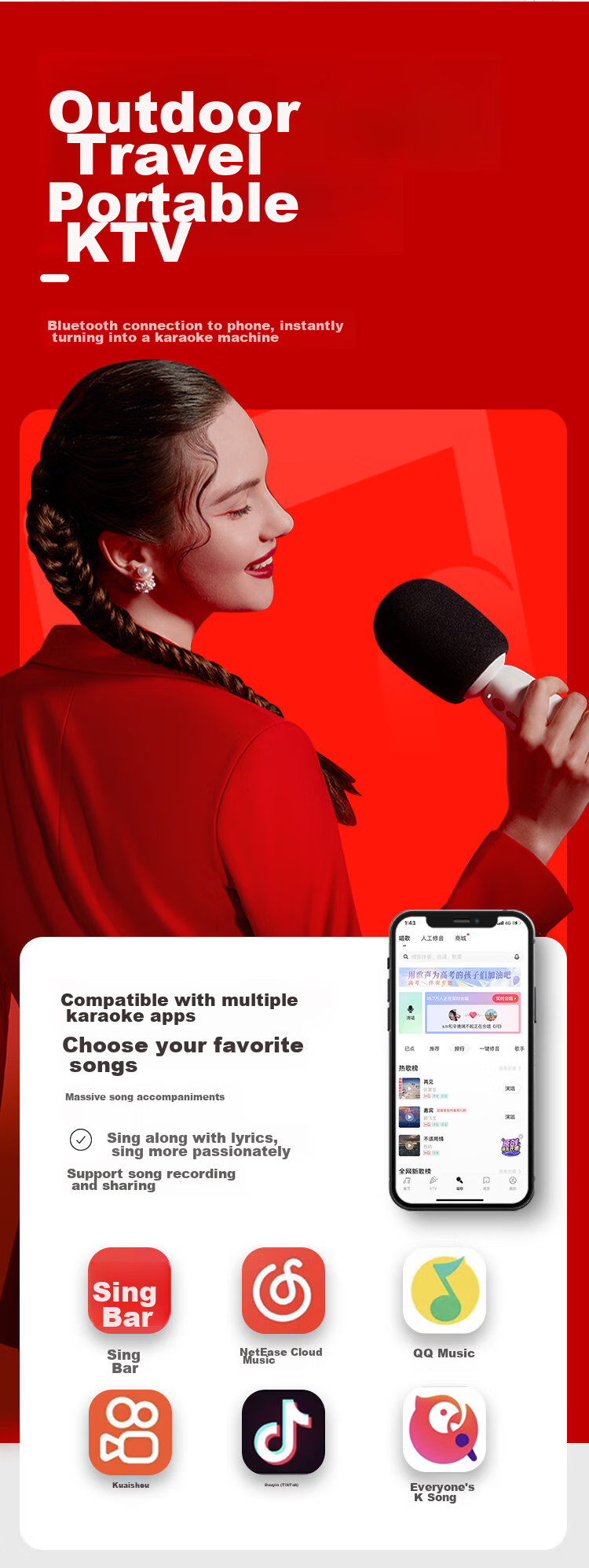 Changba Microphone C10 All-In Karaoke Machine with Wireless Bluetooth Connection, Home KTV Singing Machine for Children, Gift Item, Black 11