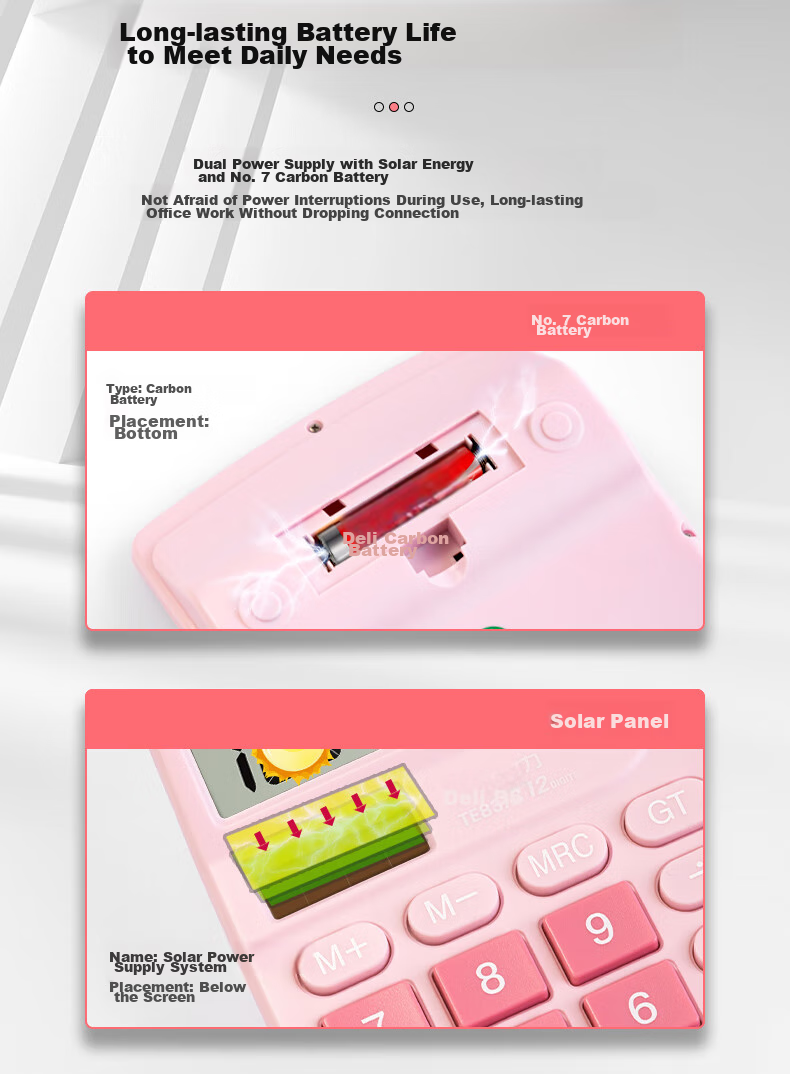 Deli [Super Popular] Dual Power Computer, 12-Digit Large Screen Desktop Calculator, Fourth Grade Student Calculator, Office Supplies, Pink TE837C 7