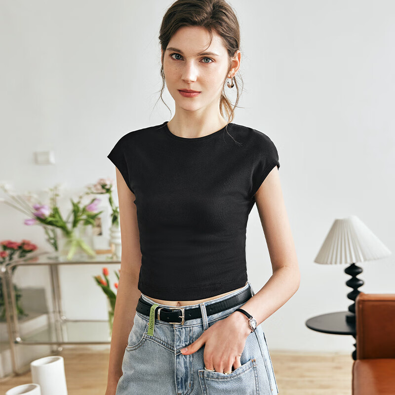 Olrain Cool Small Cap Sleeve Slim Fit Short Sleeve T-Shirt Summer Women's Short Top High Elasticity Inner Wear Black L