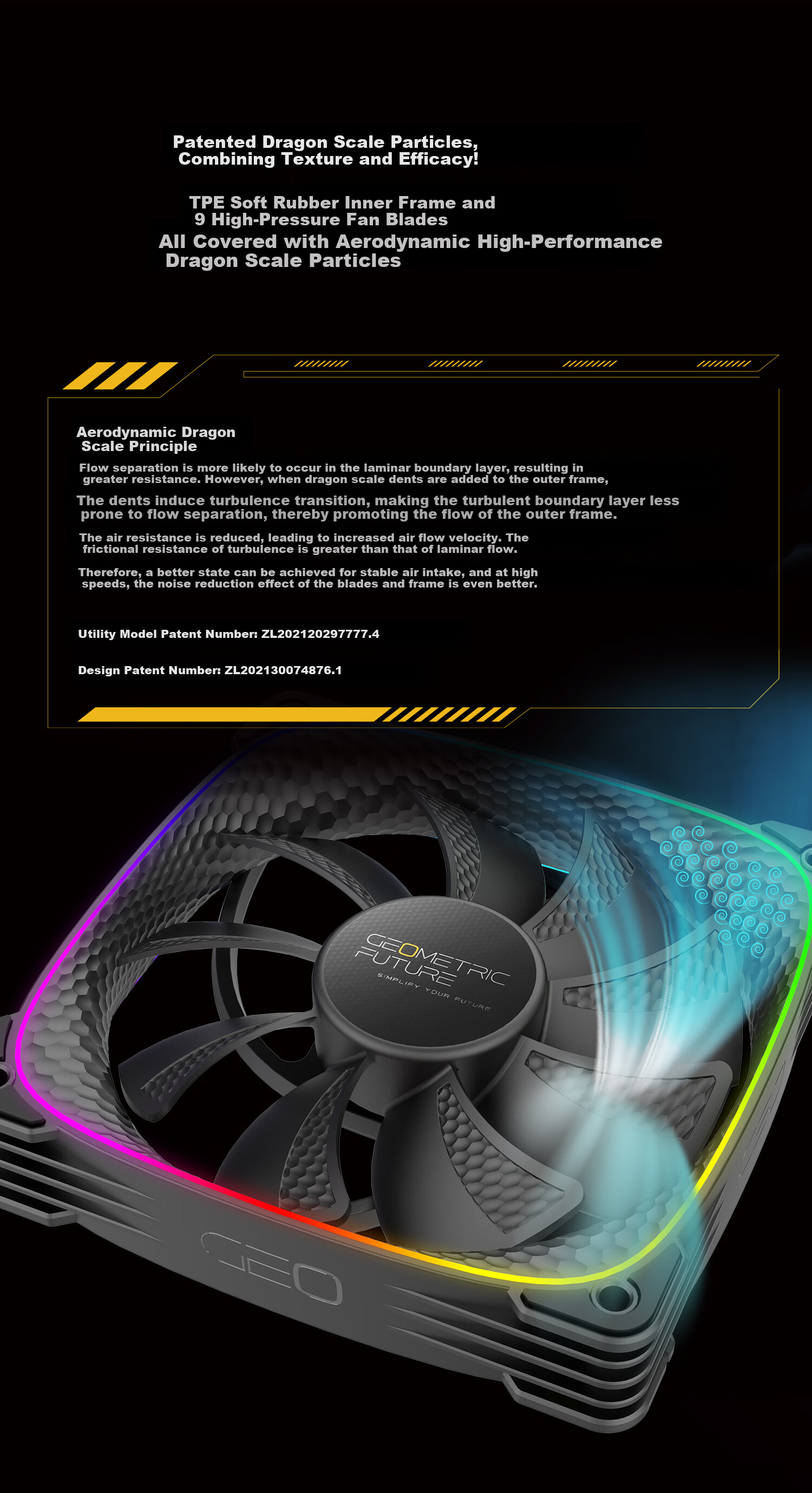 GeometricFuture Case Cooling Fan, Longshen 2503R Reverse Blade Fan, Black, ARGB Light Synchronization/PWM Speed Control, Single Pack 6