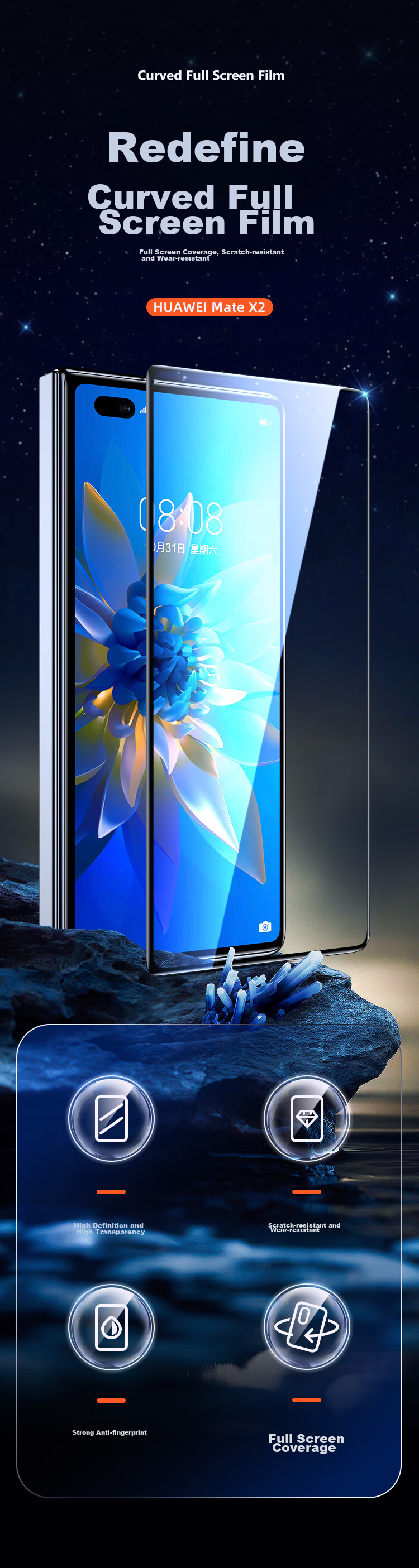 Yisika Tempered Glass Screen Protector for Huawei Mate X2 Collector's Edition Foldable Phone, 5G Protective Film, Anti-Scratch, Wear-Resistant, Low Fingerprint, HD Gaming Full-Screen Film JM830 3