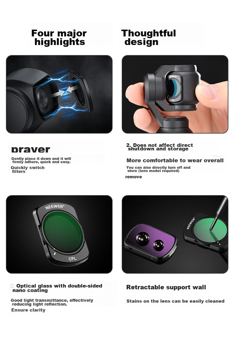 NEEWER Filter Kit for DJI Pocket 4/3 Camera, Magnetic Quick-Release Filters, Blue Brushed Filters, 8-Line Starry Filters, 1/4 Black Soft Anti-Light Pollution Filters 2