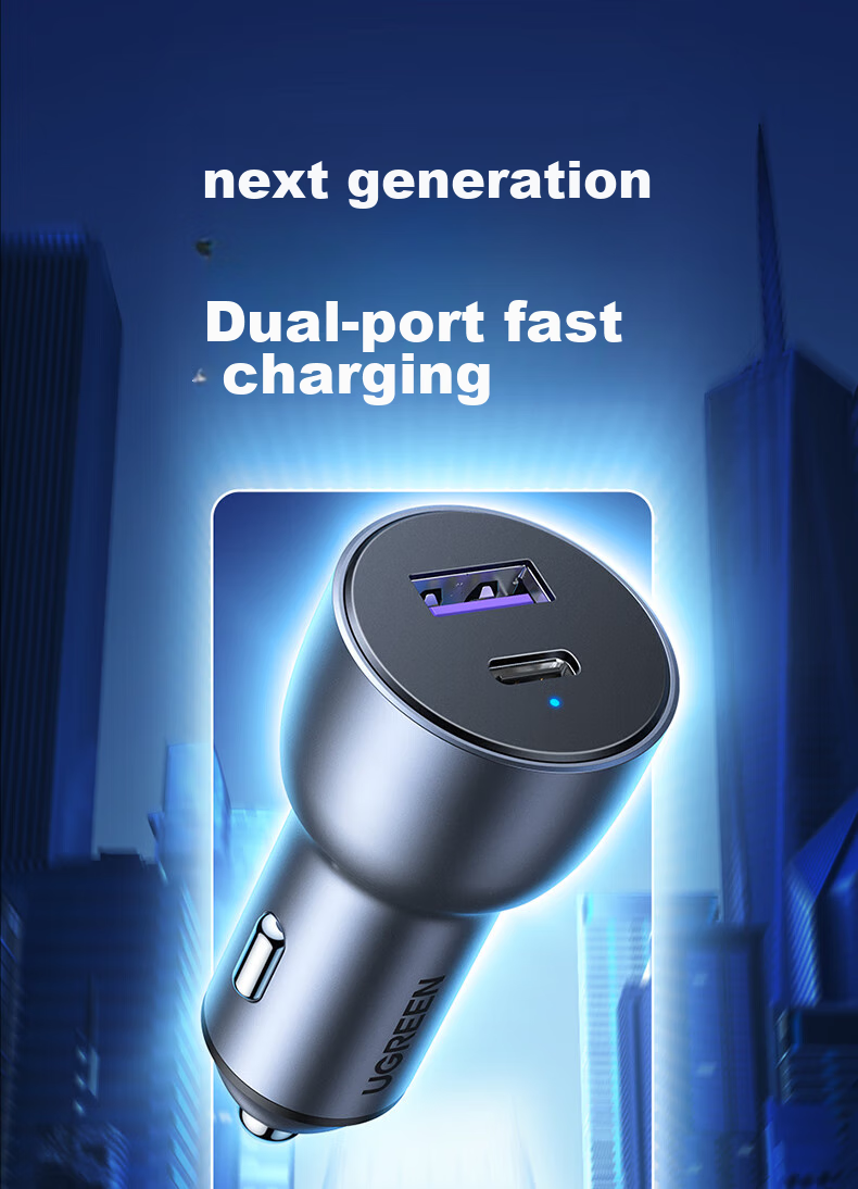 UGREEN Car Charger Super Fast Charging Dual Port 60W Cigarette Lighter Charger Adapter Plug One-To PD30W Compatible with Apple 18 Pro Max, Huawei, Xiaomi 5