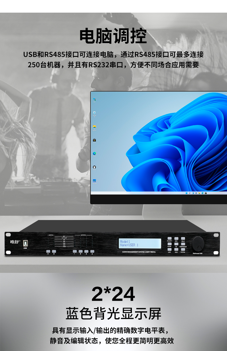 Weishu CA-300 Audio Processor, Two-In Four-Out Digital Audio Preamp Effects Processor, 2-In Equalizer And Delay Processor, Line Array Speaker Frequency Divider 3