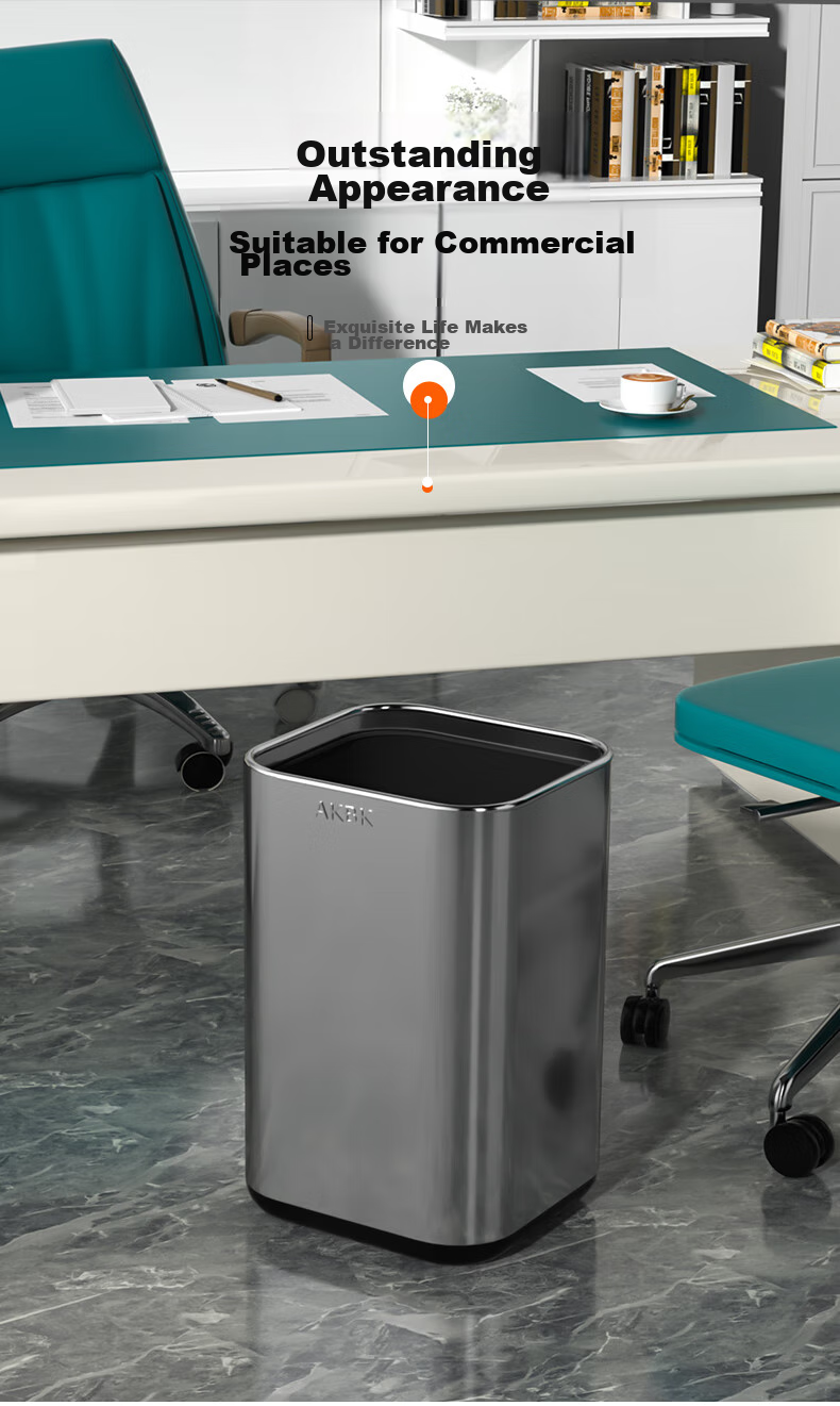 AKBK Stainless Steel Trash Can 15L Silver Large Square Bin for Living Room, Kitchen, Bathroom, Luxury Hotel, Office 3