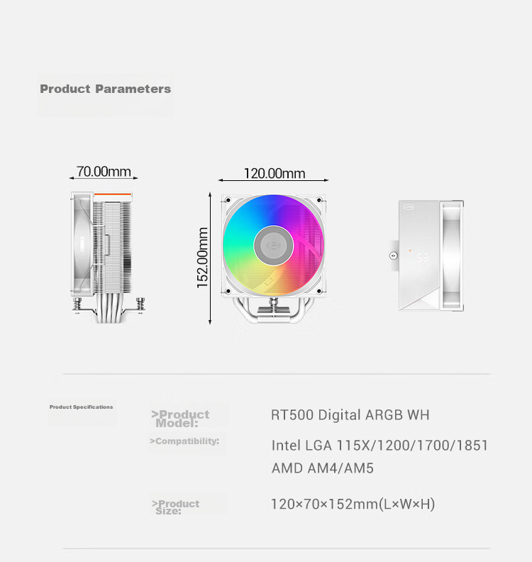 PCCOOLER RT500 ARGB WH Digital Display CPU Air Cooler (5 Heat Pipes / Temperature Display / Triangular Wave Fin / 1700 / AM5) 9