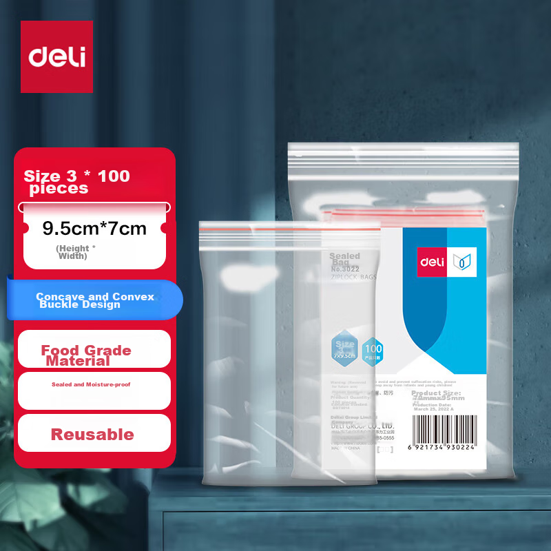 Deli Food Storage Bags, Size 3, 9.5*7cm, Waterproof, Dustproof, Fresh-Keeping, PE Transparent, 100 Pieces Transparent, 3022