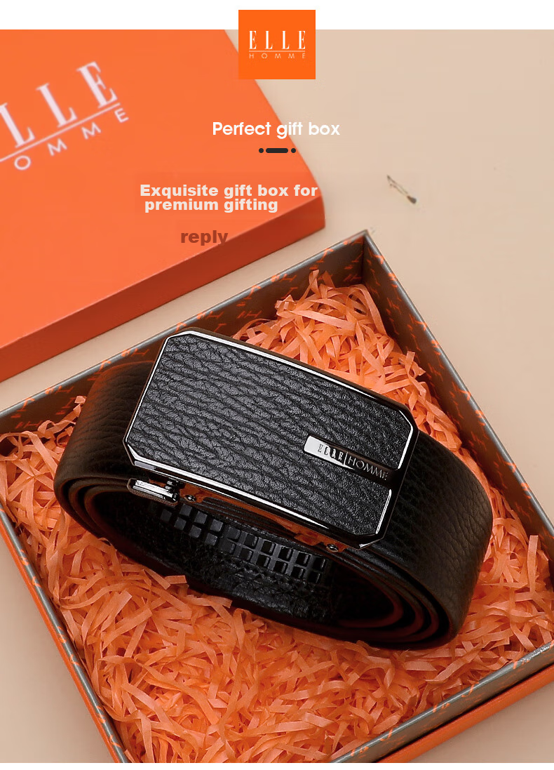 ELLE HOMME Men's Belt, Top-Grain Leather Automatic Buckle Waistband, Business Formal Trouser Belt, Birthday Gift for Boyfriend 1