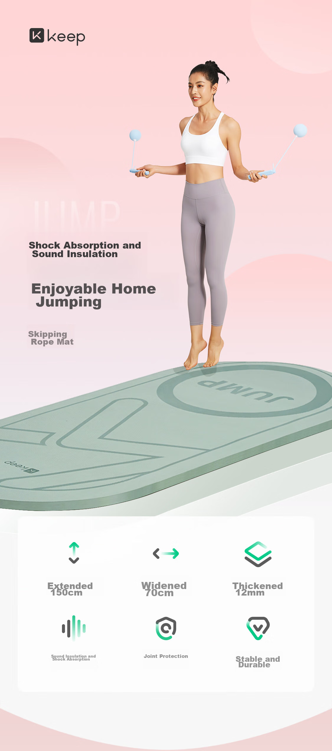 Keep Jump Rope Shock-Absorbing Pad, Soundproof, Thickened 12mm, Women's Sports Fitness Silent Rope, with And without Rope, Indoor Home Use 1