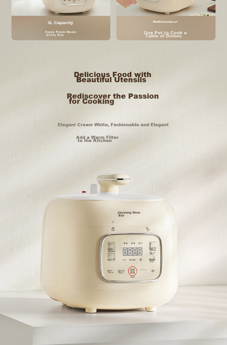 Joyoung Electric Pressure Cooker, 3L Compact Capacity, One-Touch Release Valve, Multifunctional Menu, Crystal Non-Stick Coating, 30NPS1 3