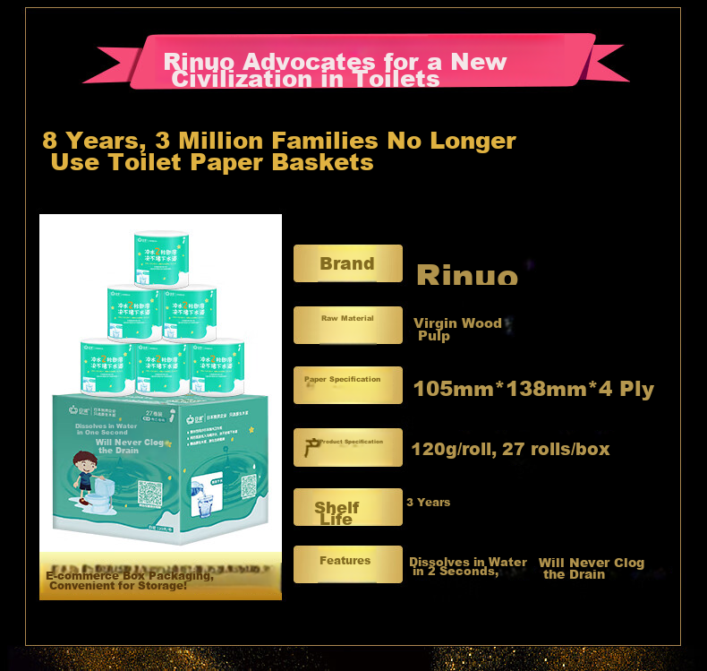 Rinuo Water-Soluble Toilet Paper, Dissolves in Water, Core Roll Toilet Paper, 4-Ply, 180g Per Roll, Full Box of 27 Rolls 3