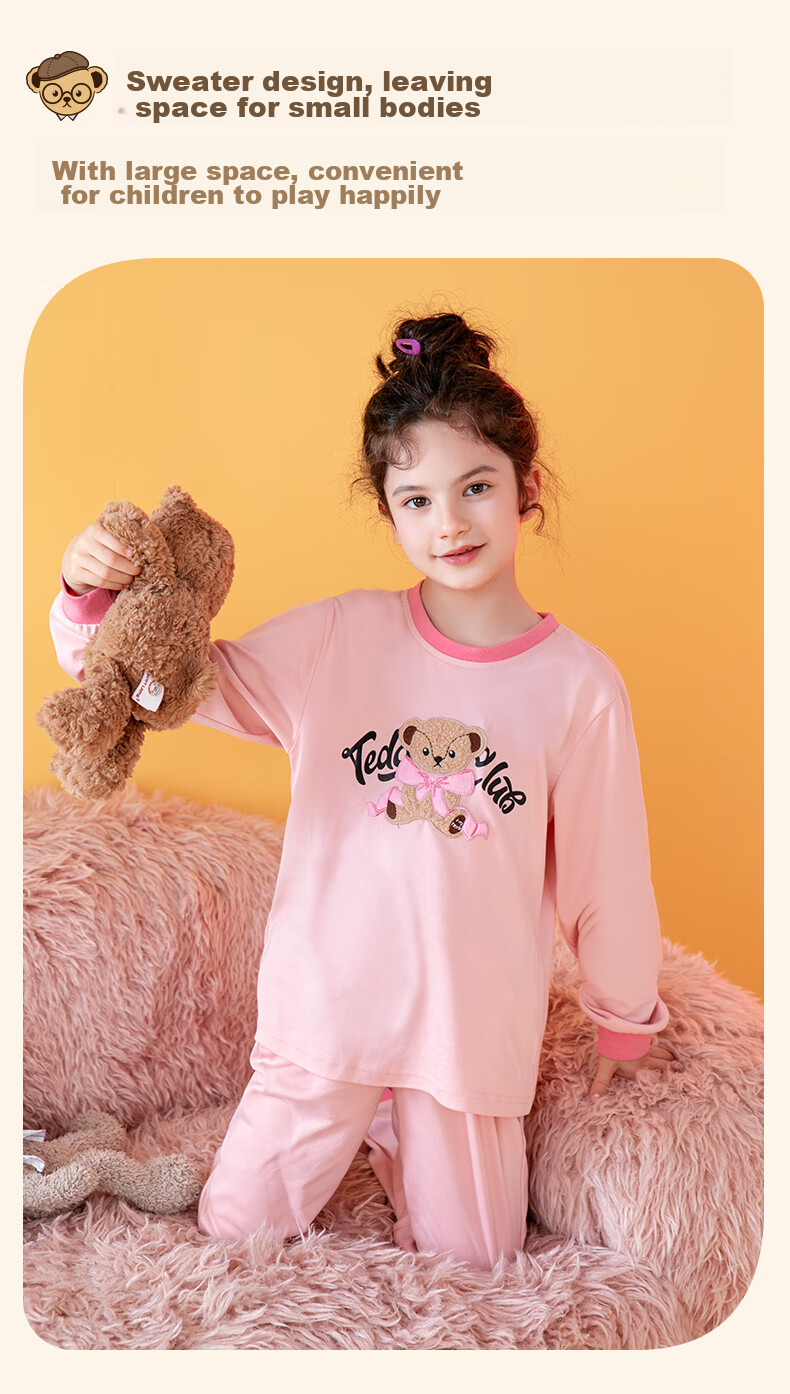 Fenteng Children's Pajamas, Girls' Brown Bear And Cony Rabbit Co-Branded Pure Cotton Sleepwear for Older Childre 6