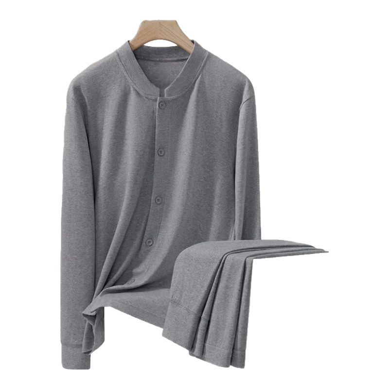LangSha Men's Autumn Cotton Cardigan Set Antibacterial Thermal Base Layer Plus Size for Middle-aged and Elderly